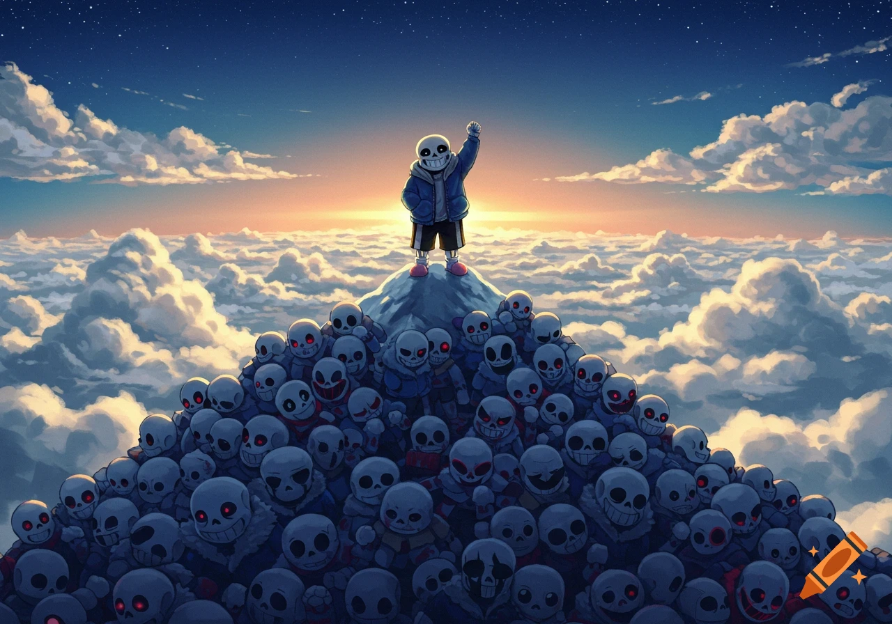 Sans stands atop a peak made of smaller Sans figures above the clouds at sunset.