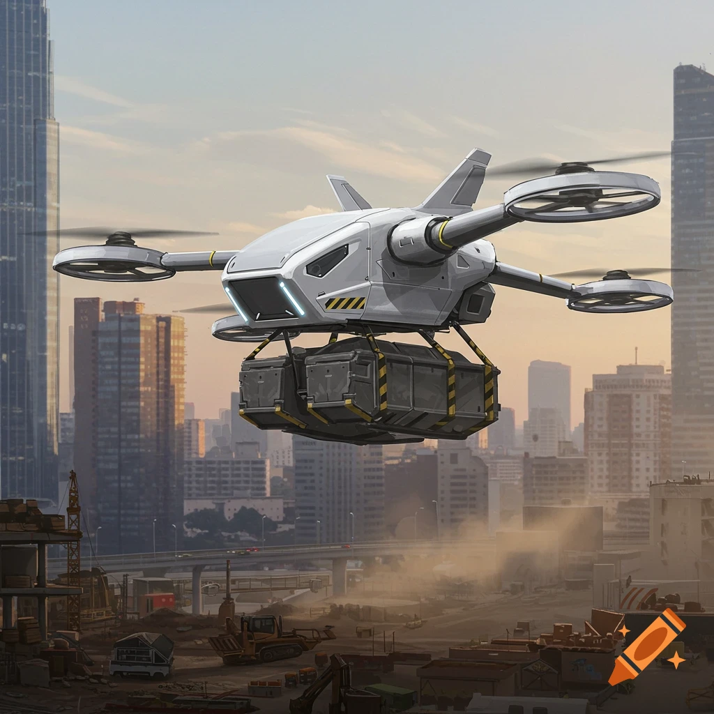 Futuristic drone carrying cargo over a city