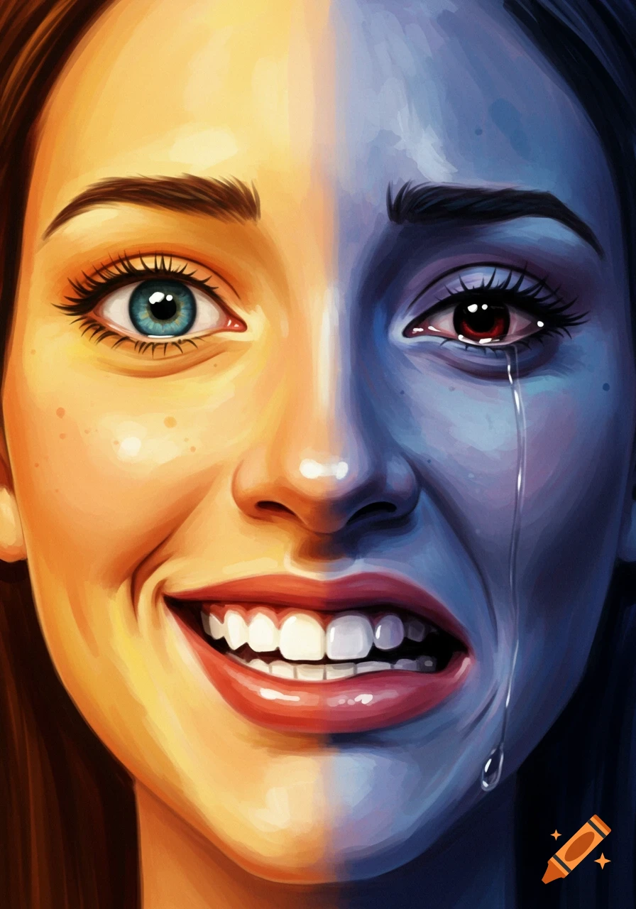 Close-up illustration of a face split vertically, one side smiling and golden, the other crying and blue.