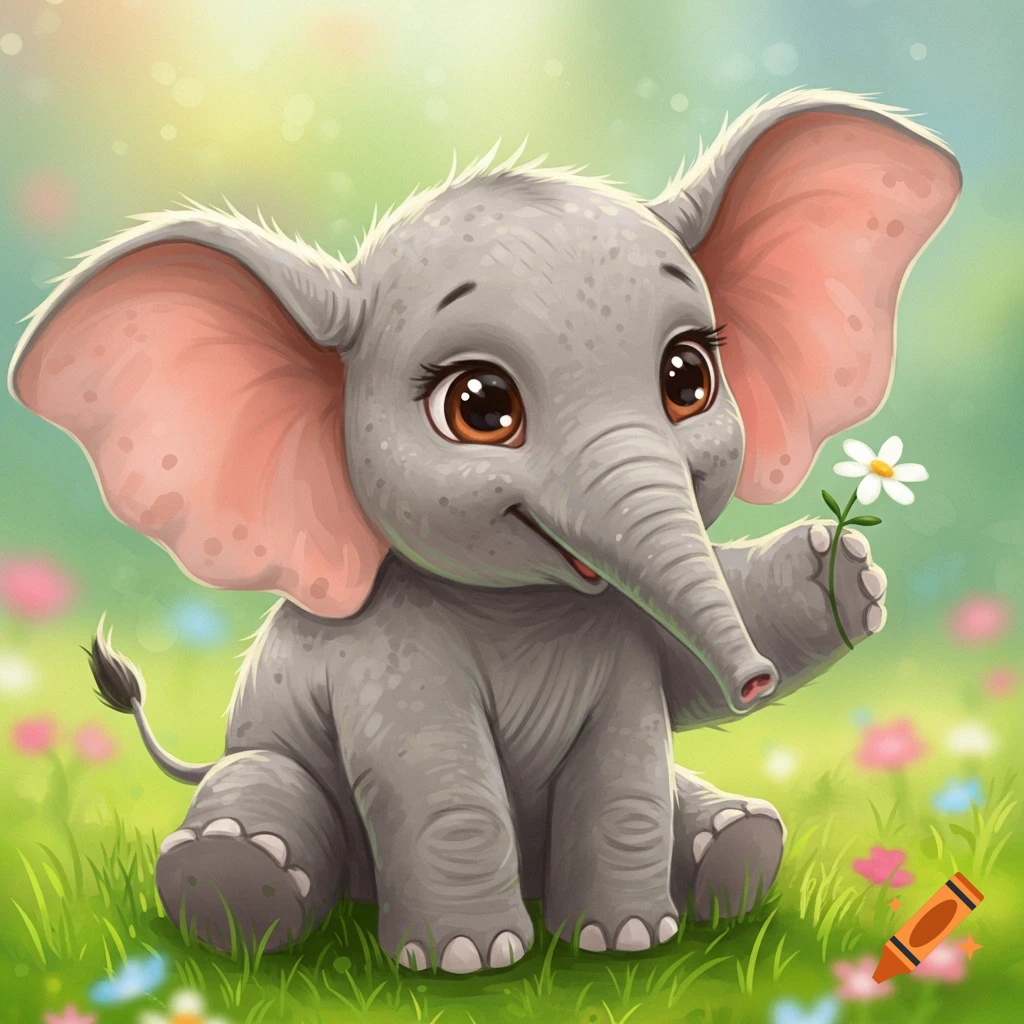 Cute illustrated baby elephant sits in a grassy field holding a flower.