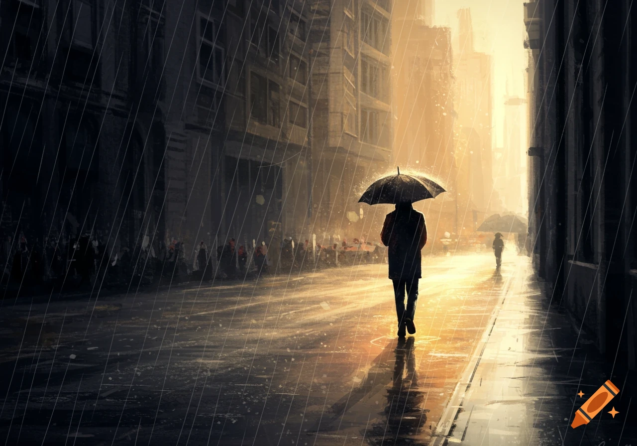 Person with umbrella walks in rain on sunlit city street.