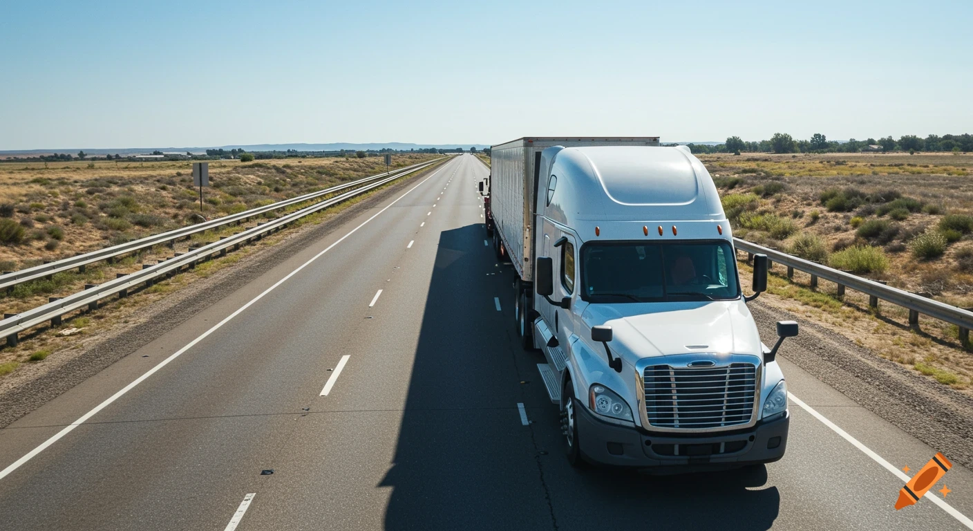 A white semi-truck pulling a trailer drives on a highway through a dry ...
