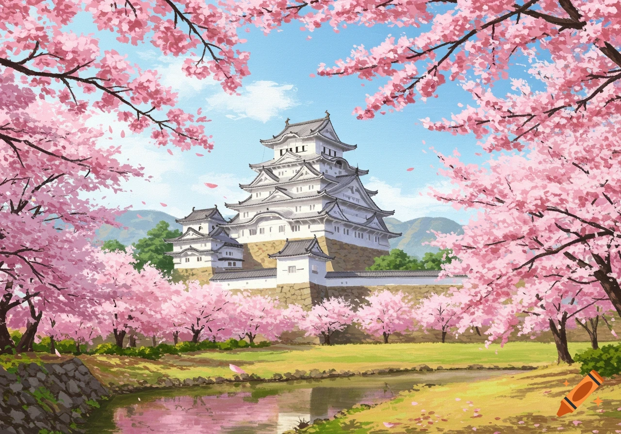 Japanese castle surrounded by pink cherry blossoms with a river in the foreground, painterly style.