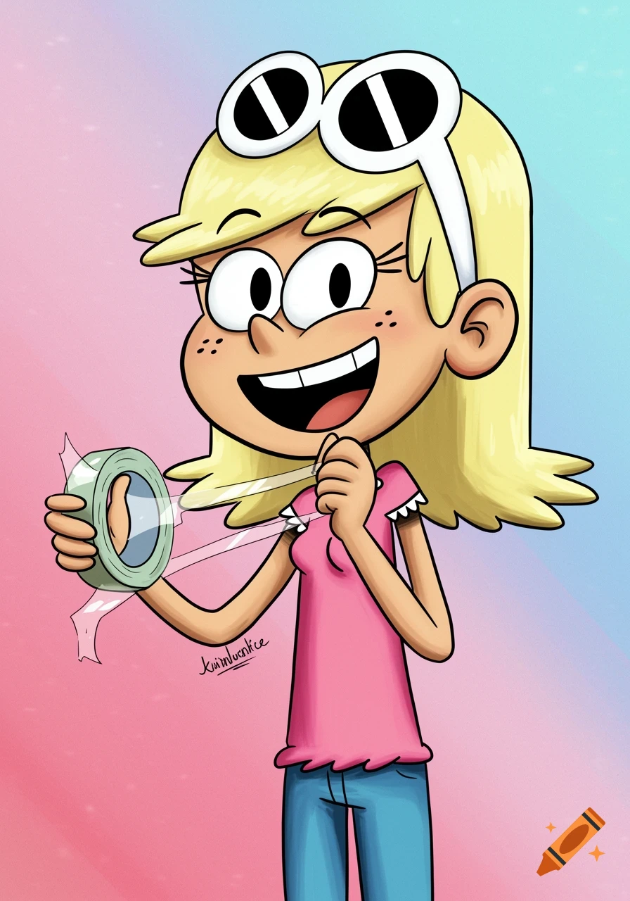 Cartoon of Leni Loud smiling and holding a roll of tape