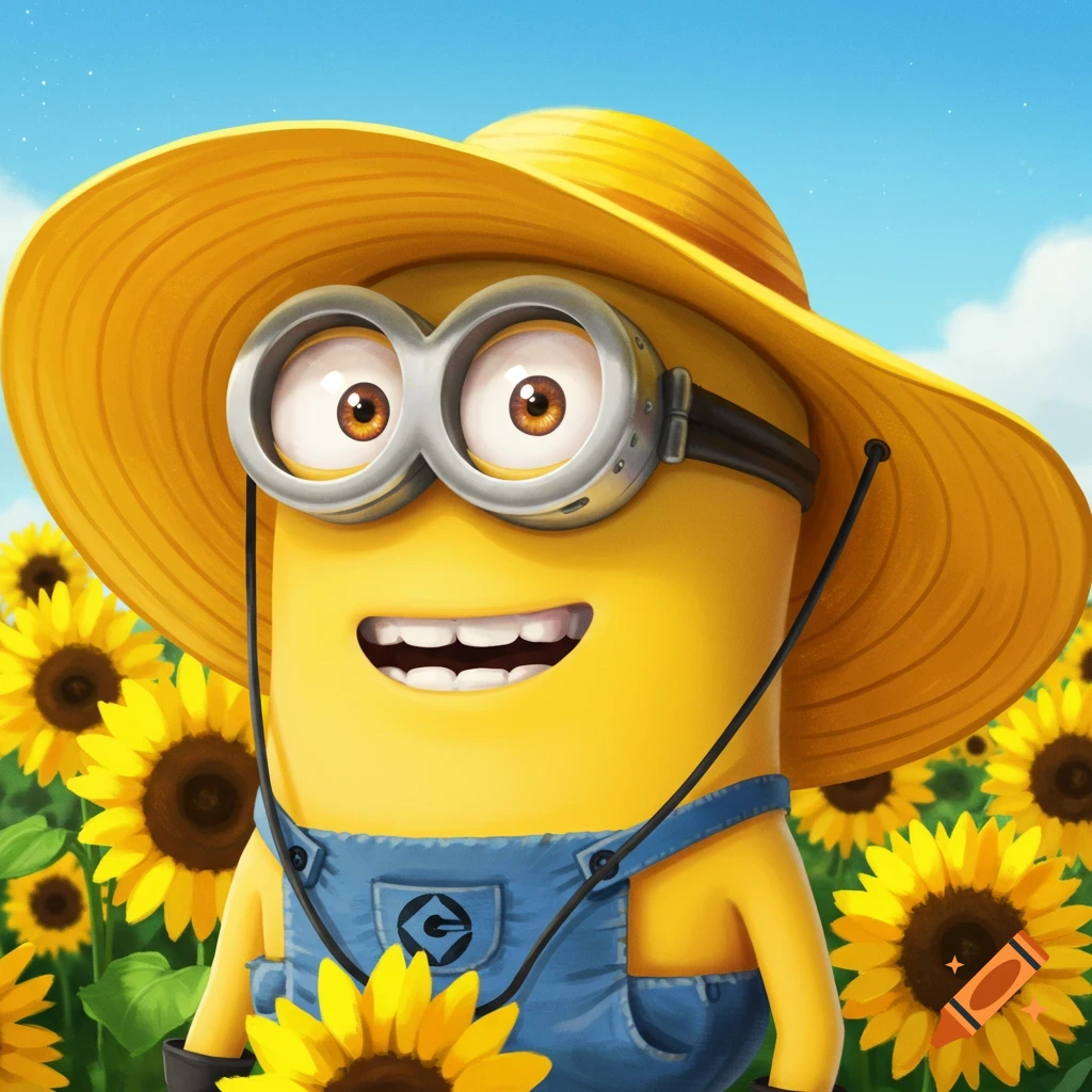 A Minion in a straw hat and overalls stands in a field of sunflowers.
