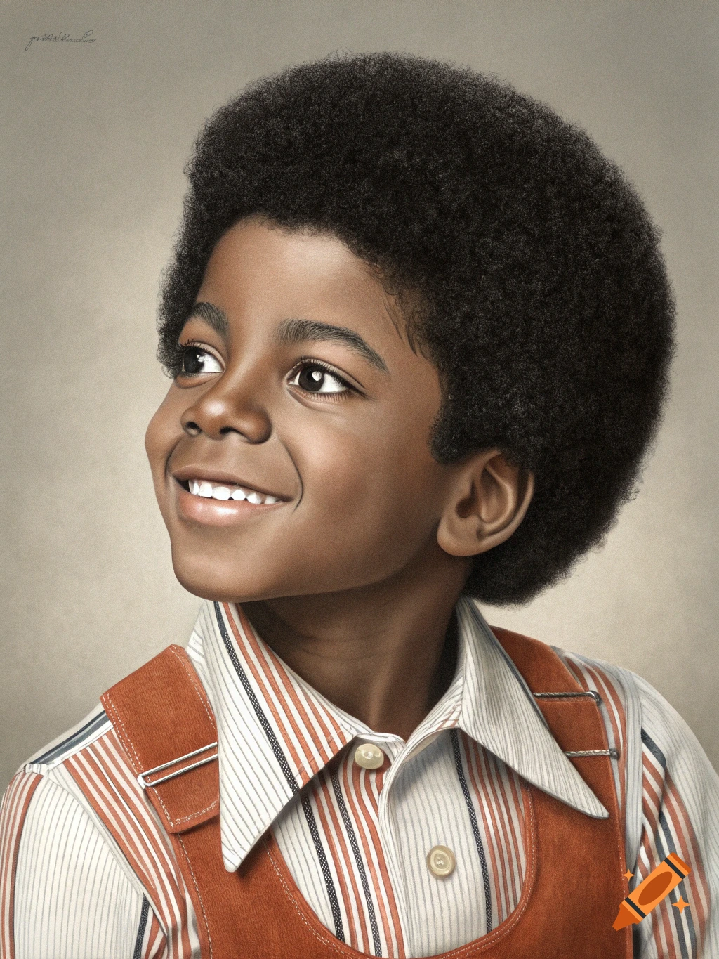 Realistic portrait of a smiling young boy in a striped shirt and orange overalls.