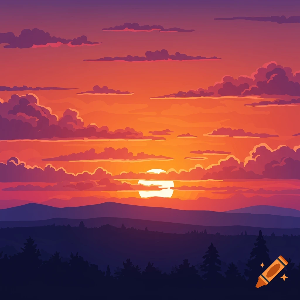 Vector illustration of a vibrant sunset over mountains and trees.
