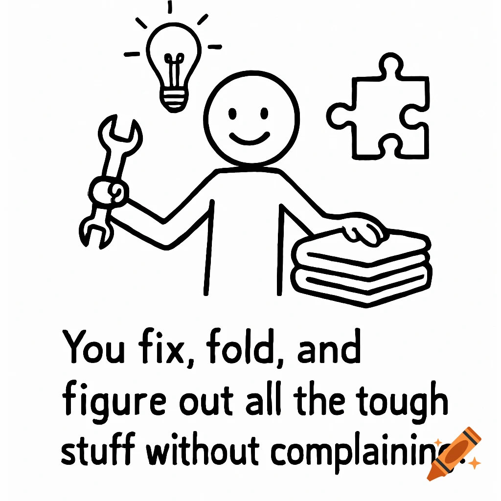 Stick figure illustration holding a wrench, with a lightbulb, puzzle piece, and folded clothes, text below.