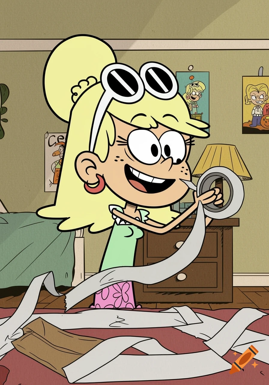 Cartoon character Leni Loud smiling and pulling tape from a roll in a bedroom.