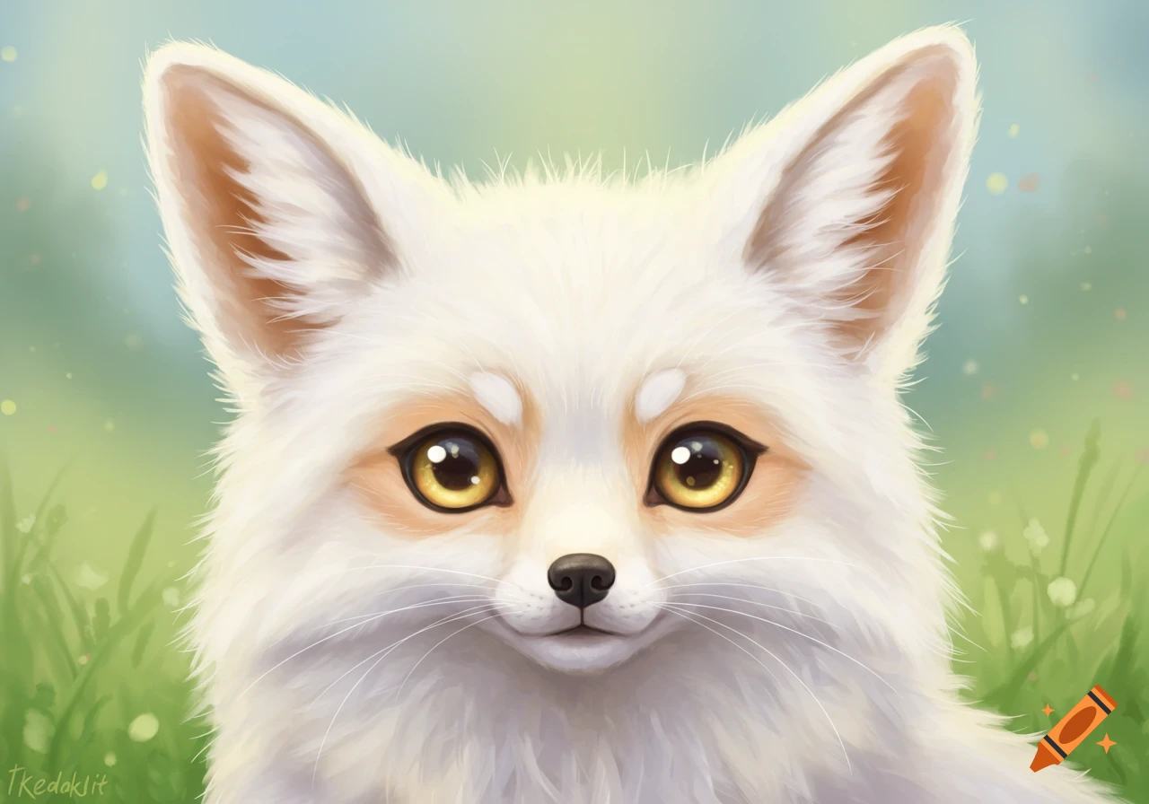 Close-up digital painting of a cute white fox cub's face with big yellow eyes against a blurry green background.