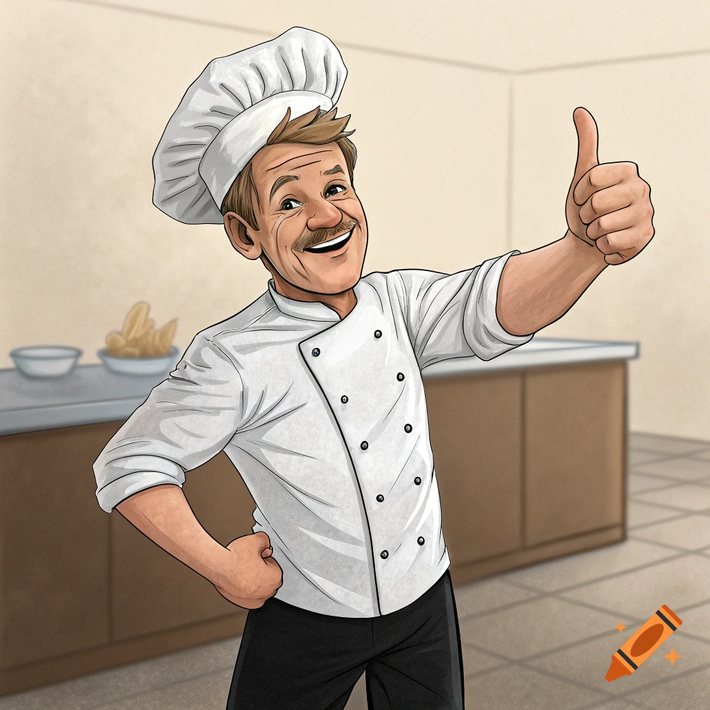 Cartoon illustration of a smiling chef giving a thumbs-up in a kitchen.