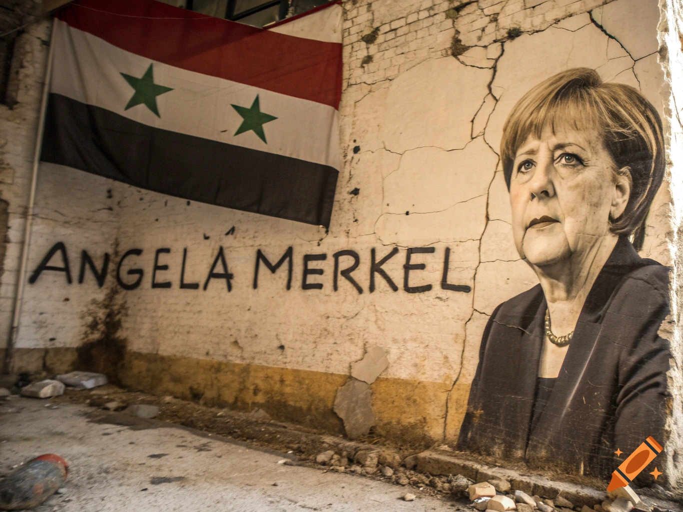 Graffiti portrait of Angela Merkel and a Syrian flag on a damaged wall in an urban setting, realistic style.
