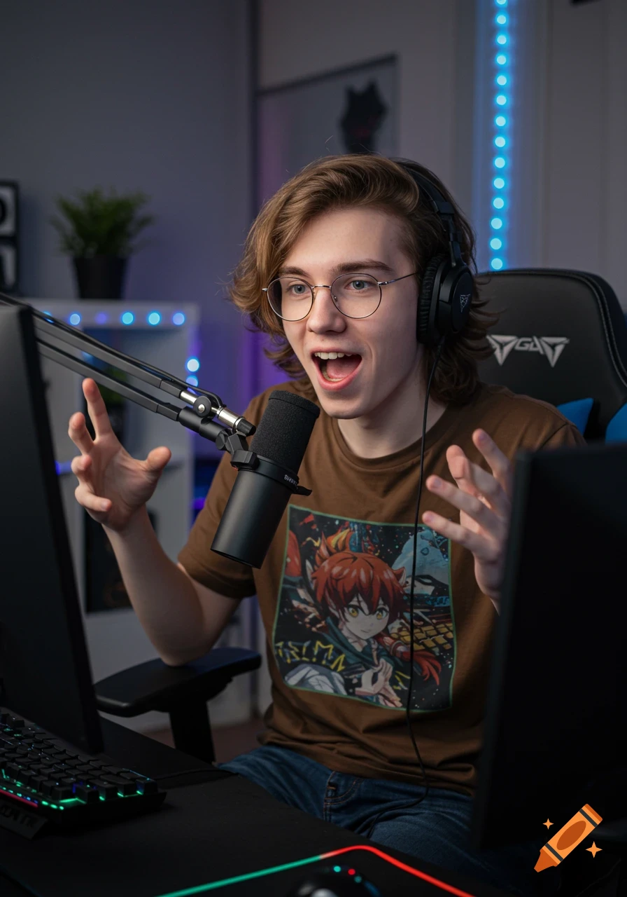 Young man streaming with headphones and microphone, wearing glasses and an anime t-shirt.