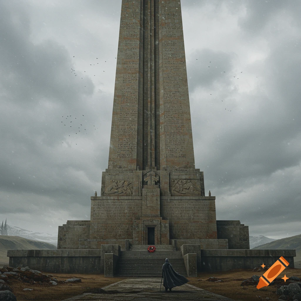 A cloaked figure stands before a massive stone monument covered in inscriptions, under a cloudy sky.