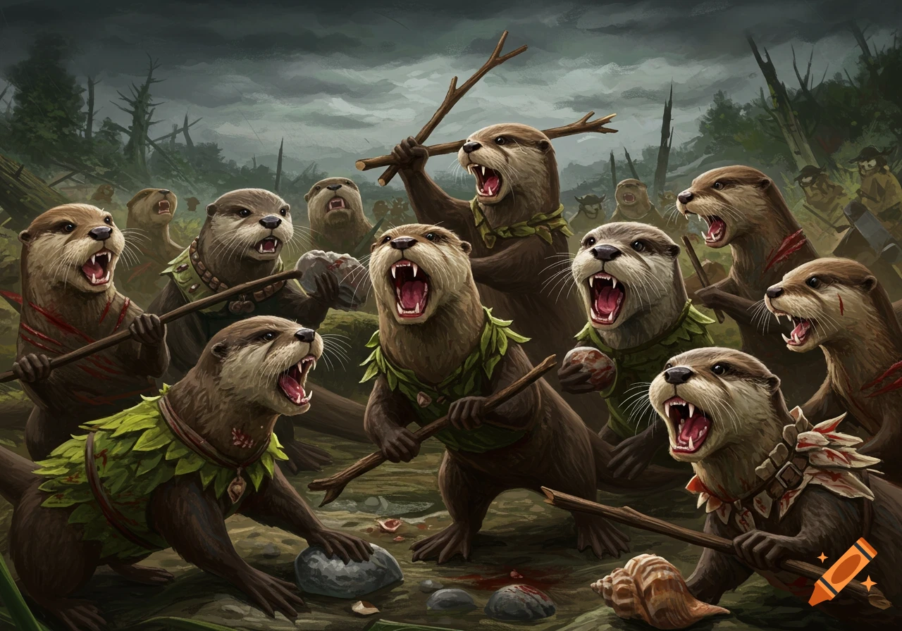 A group of battle otters with leaf armor holding sticks and stones in a dark, swampy landscape.
