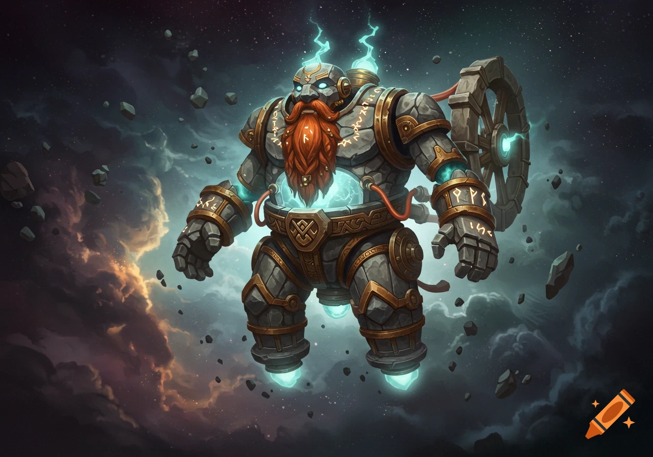A floating stone golem with glowing runes, a red beard, a wheel on its back, and glowing blue energy, against a dark sky.