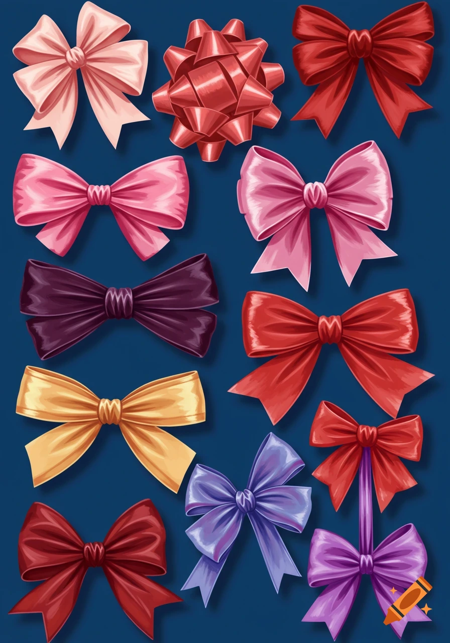 A collection of colorful gift bows in various shapes and colors arranged on a blue background.