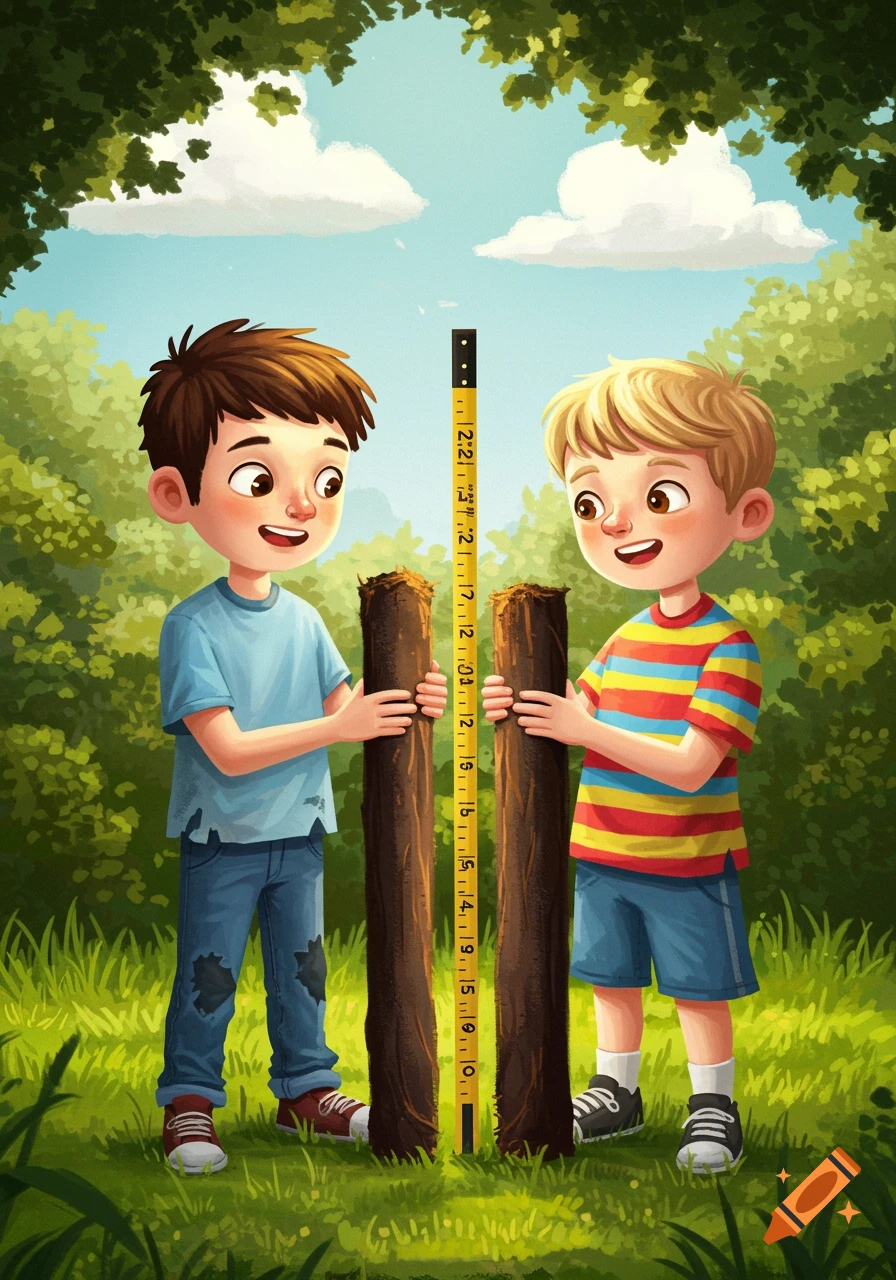 Two boys measure logs with a ruler outdoors in an illustration style.