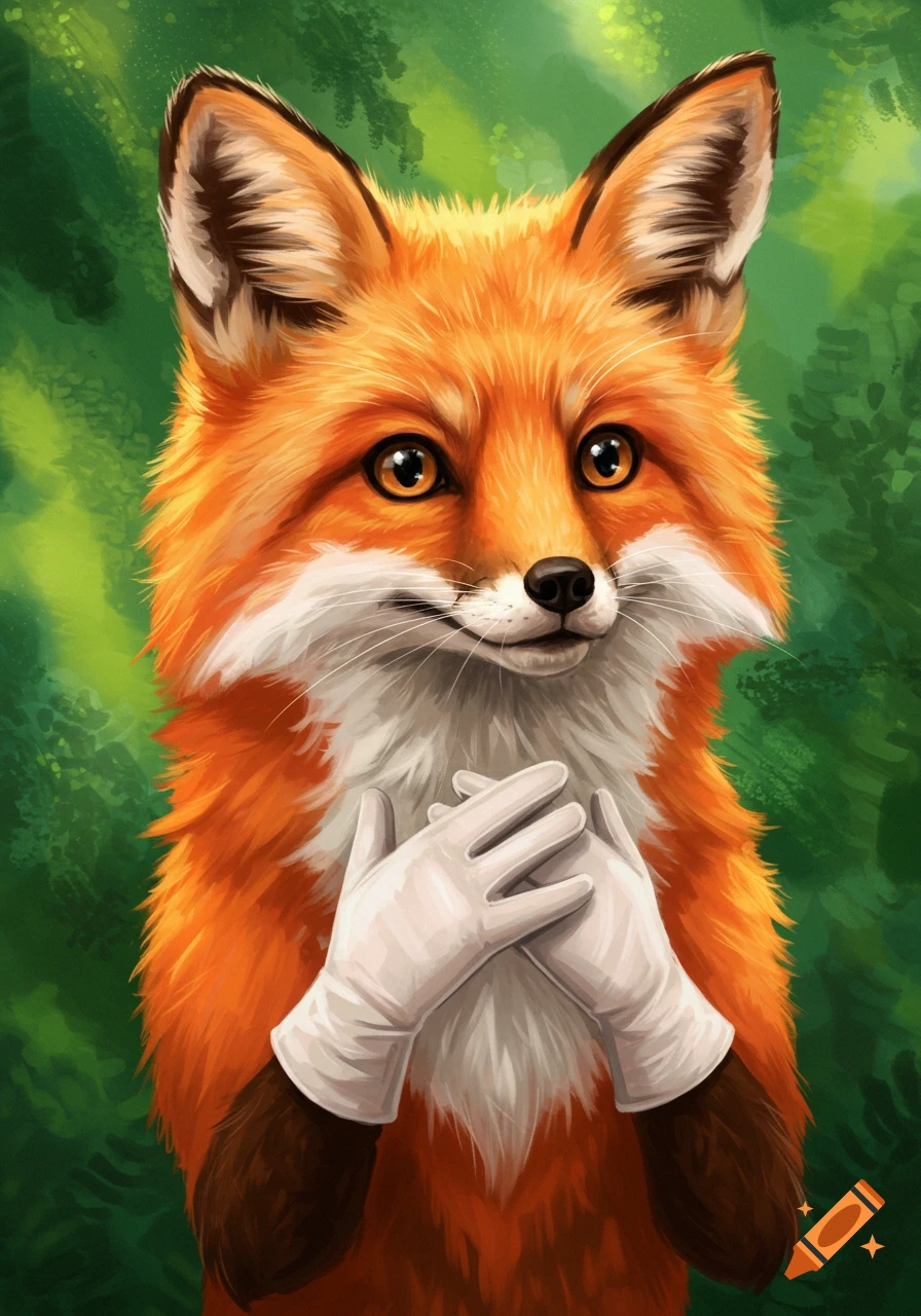 Cartoon painting of a fox wearing white gloves, clasping its hands.