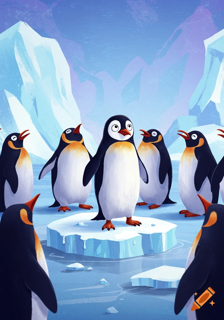 A cartoon illustration of several penguins standing on ice in an arctic landscape.