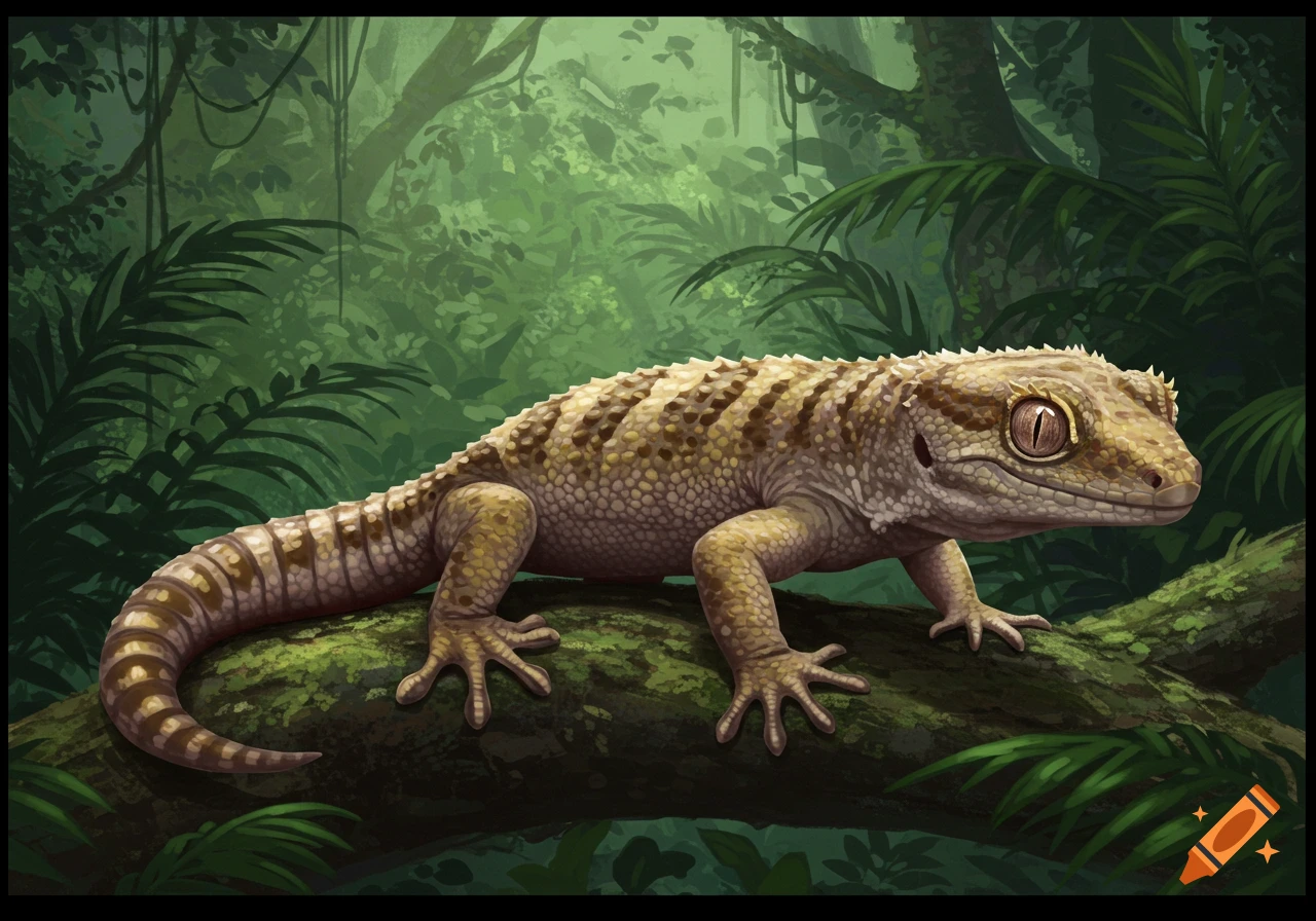 Large gecko on a mossy tree branch in a humid forest, digital painting.