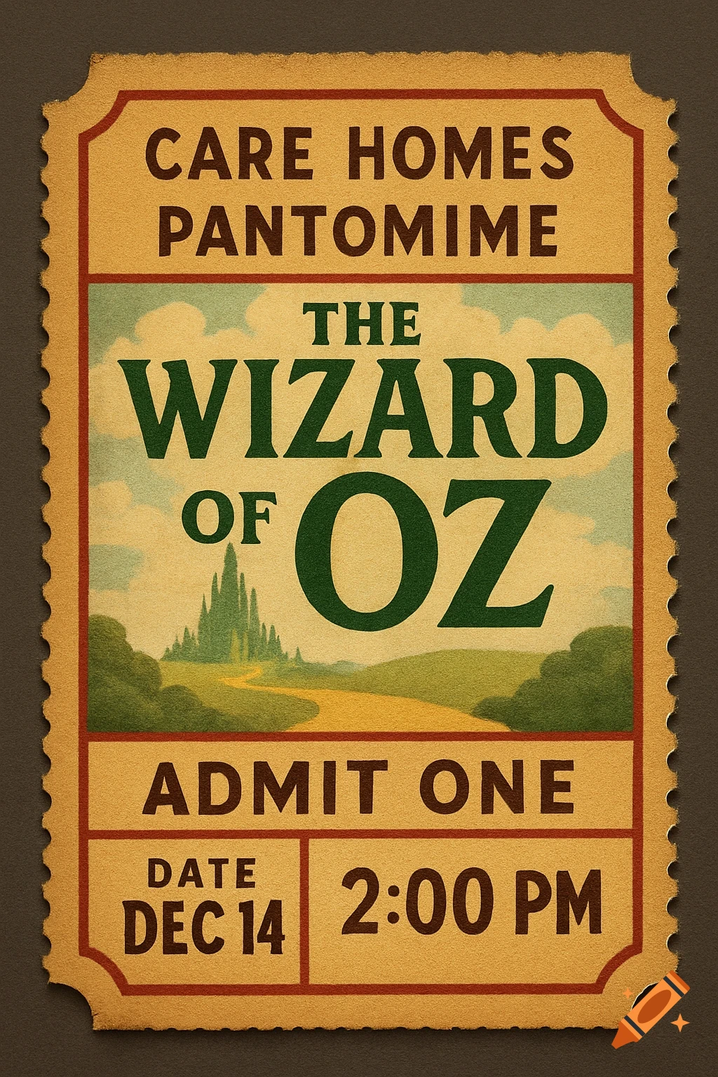 A vintage-style ticket for The Wizard of Oz pantomime.