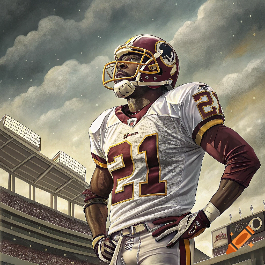 Illustration of a football player in a red and white uniform standing in a stadium