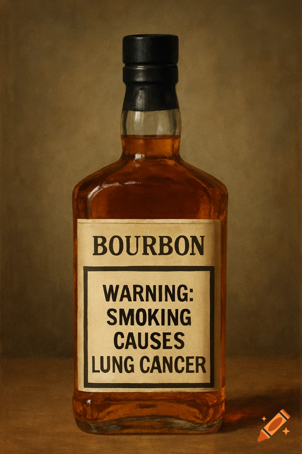 A bottle of bourbon with a warning label about smoking causing lung cancer in a still life style.