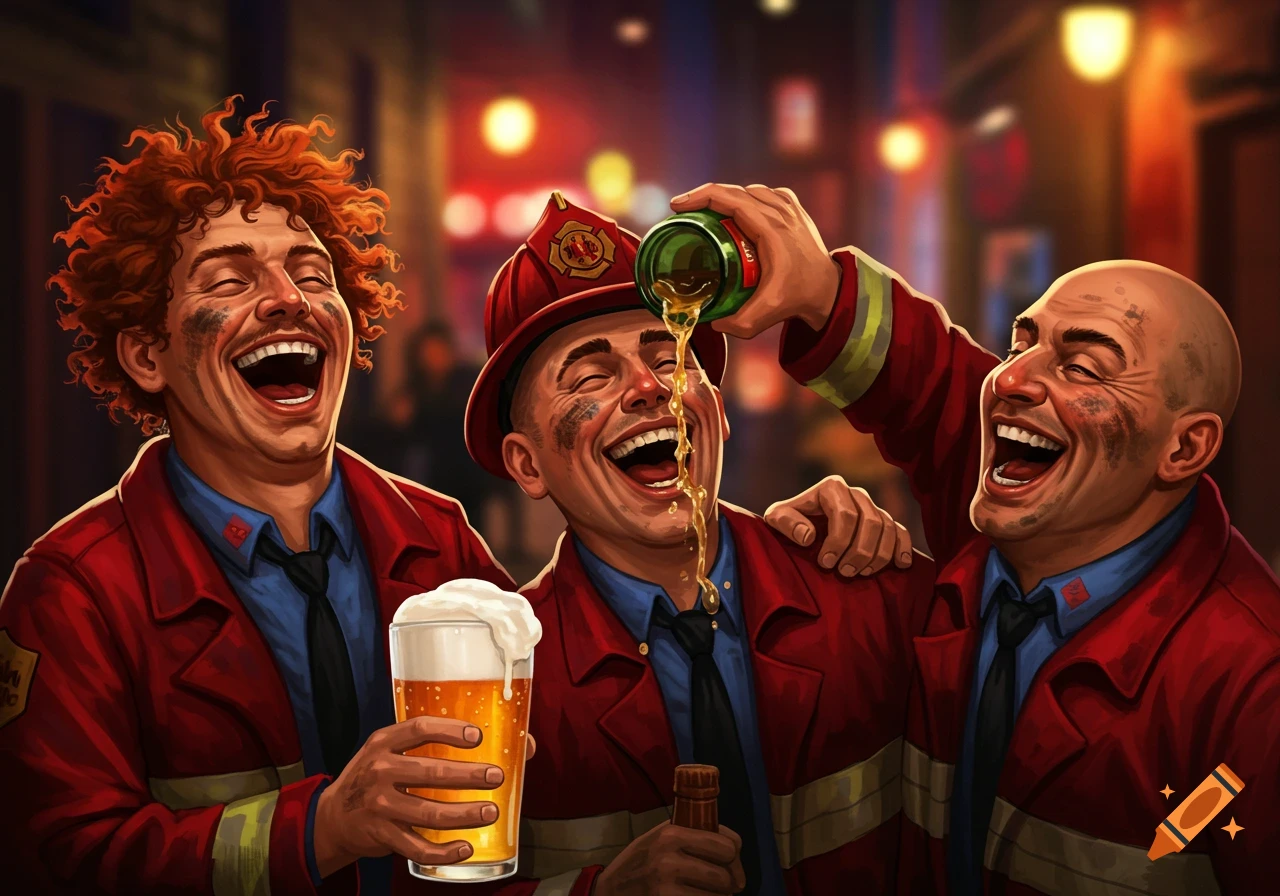 Three firemen laughing while drinking beer, one pouring beer into another's mouth.