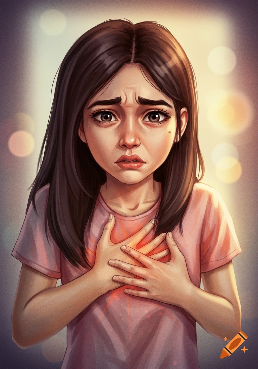 An illustration of a worried girl holding her chest.