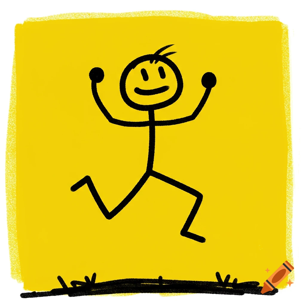 A simple stick figure drawing jumping on a yellow background.