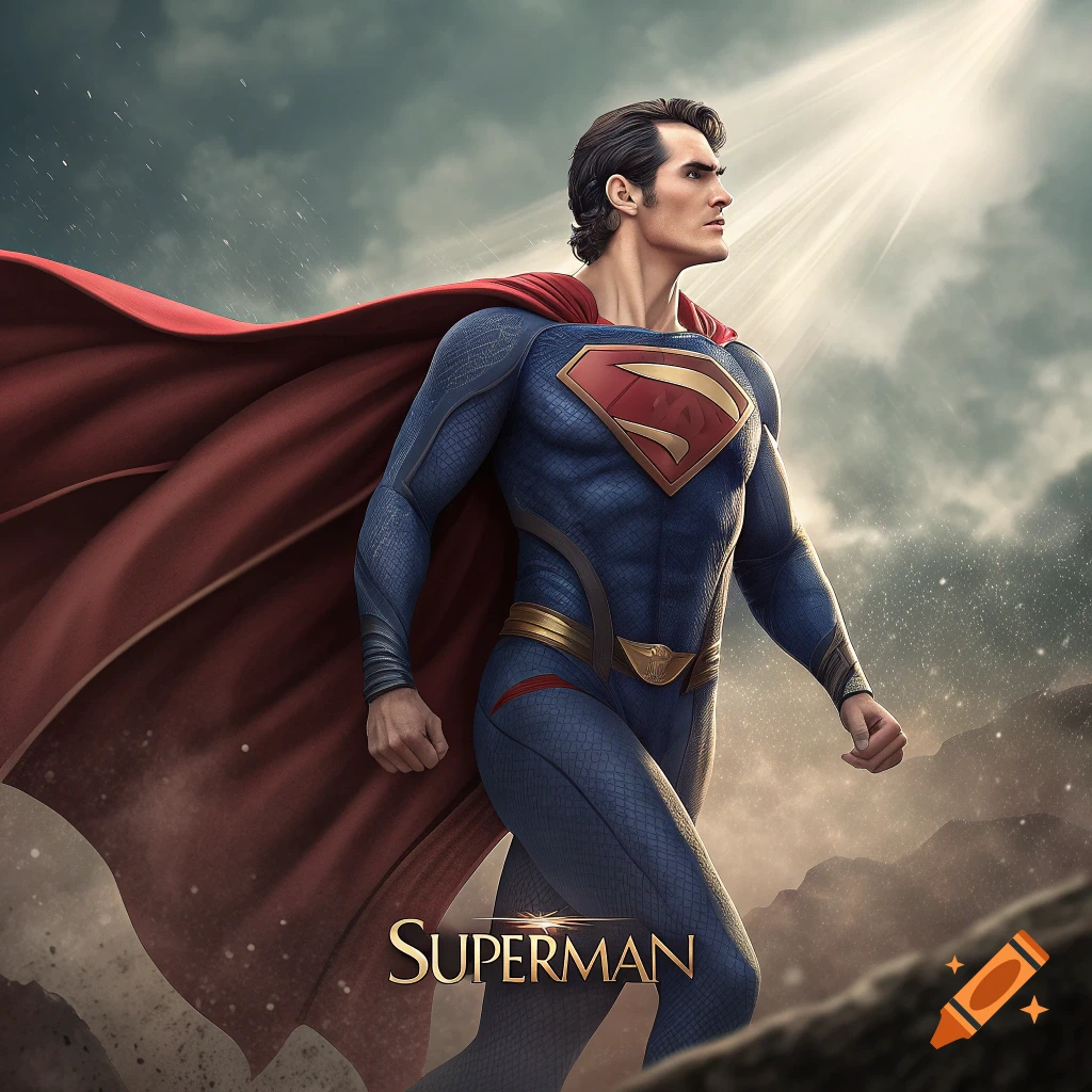 A man in a blue and red Superman costume walks with his cape flowing.