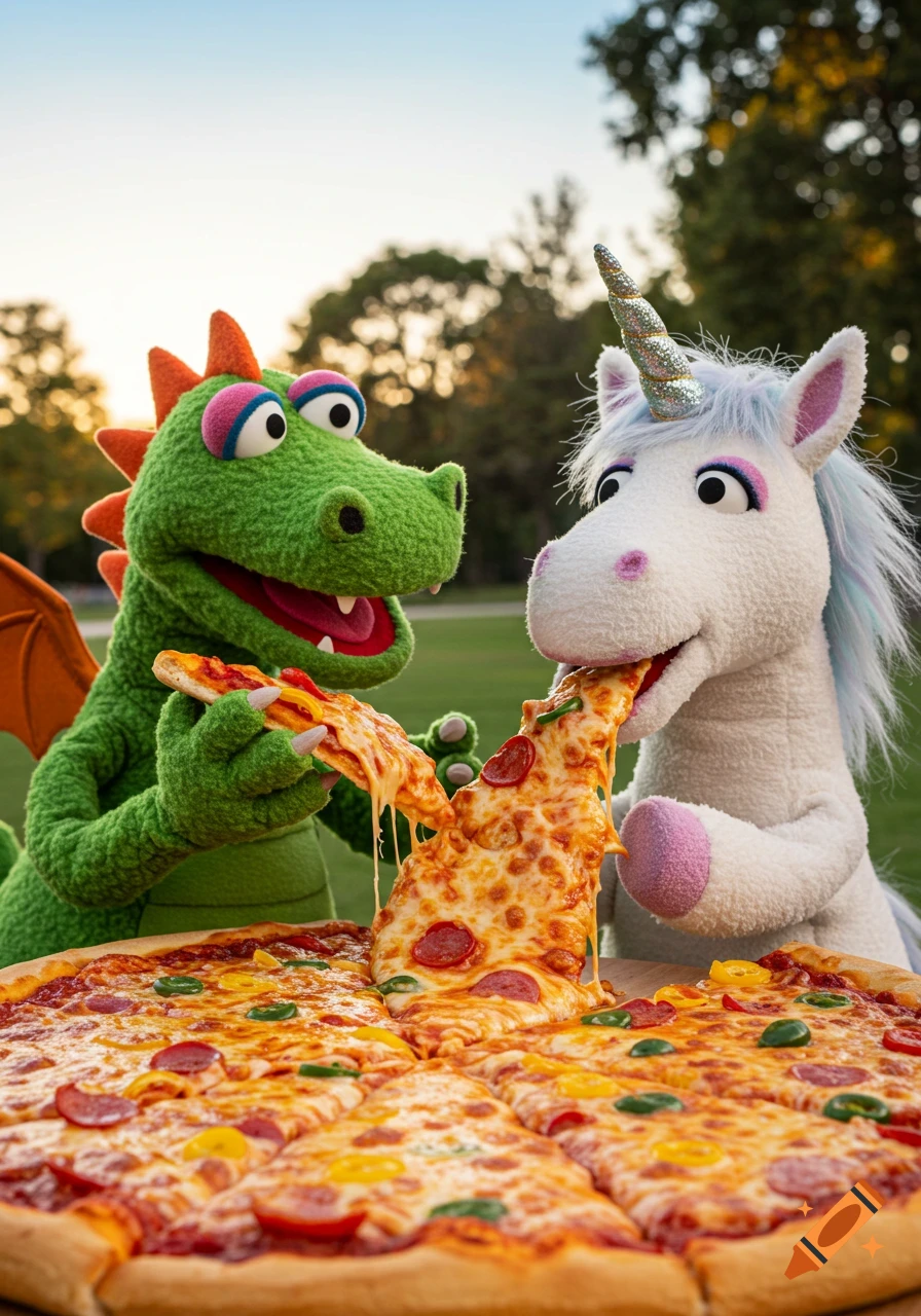 A puppet dragon and unicorn eating a slice of a large pizza, outdoors.