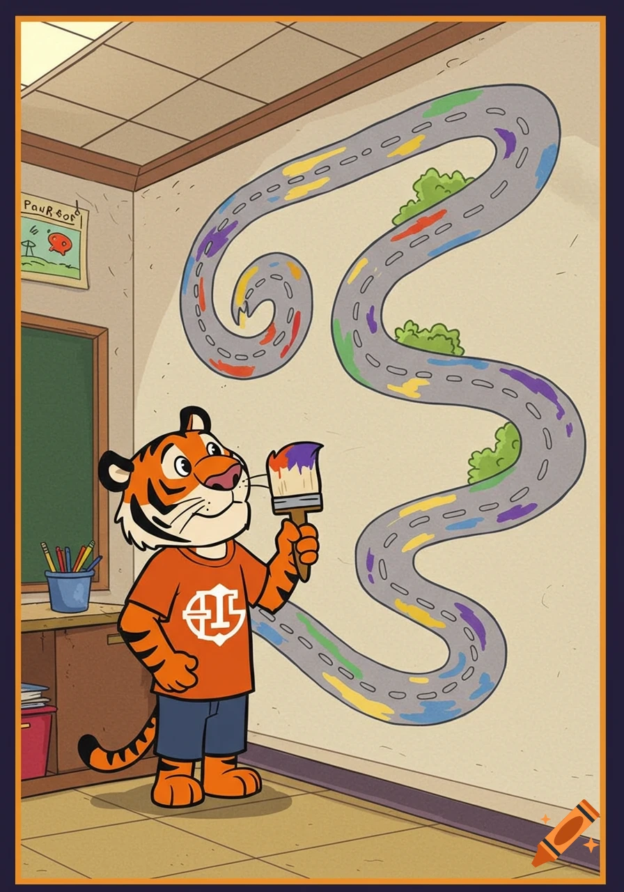 A cartoon tiger paints a colorful road on a classroom wall.