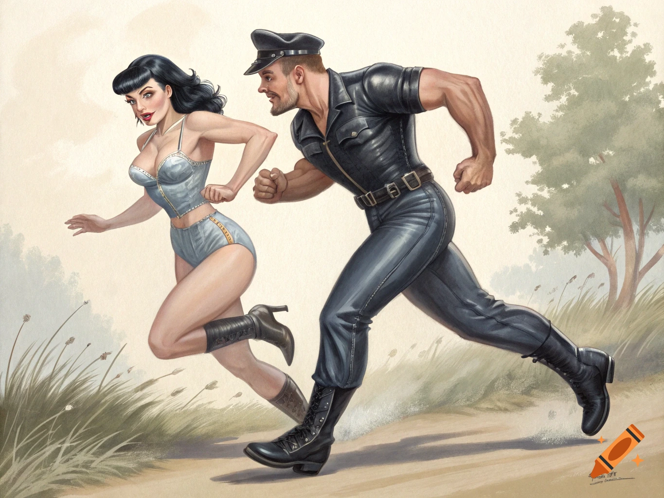 A man in a leather uniform chases a woman in a vintage swimsuit in a stylized illustration.