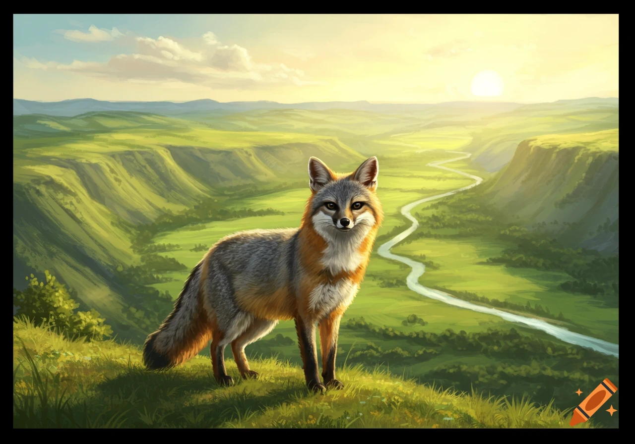 A grey fox stands on a grassy hill overlooking a winding river valley at sunset.