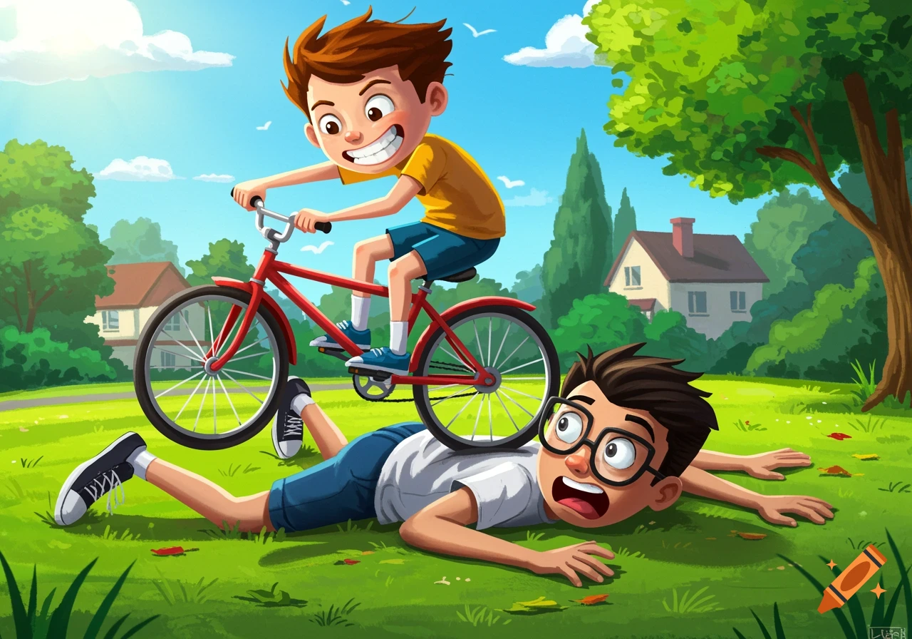 Cartoon boys playing outside, one riding a bicycle over the other lying on the grass.