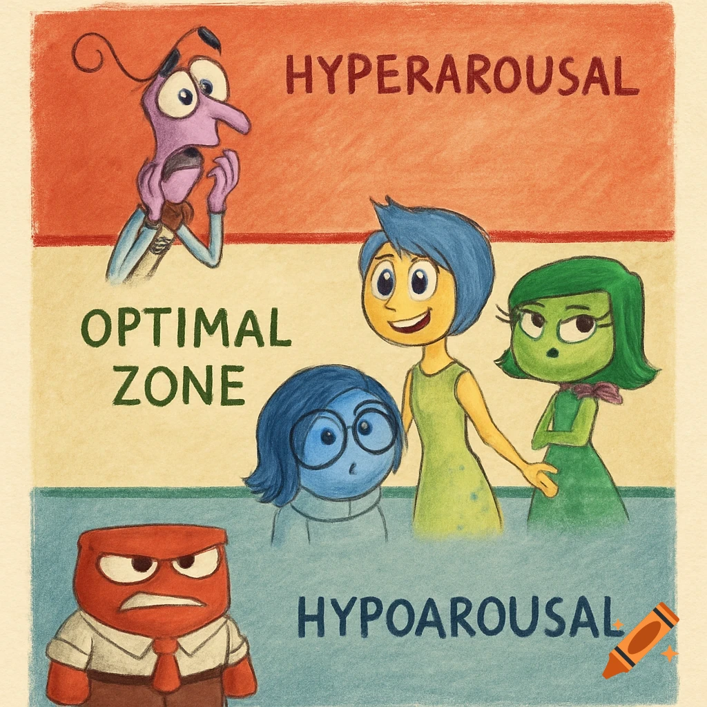 Inside Out characters Fear, Joy, Disgust, Sadness, and Anger illustrate emotional regulation zones in a crayon drawing style.