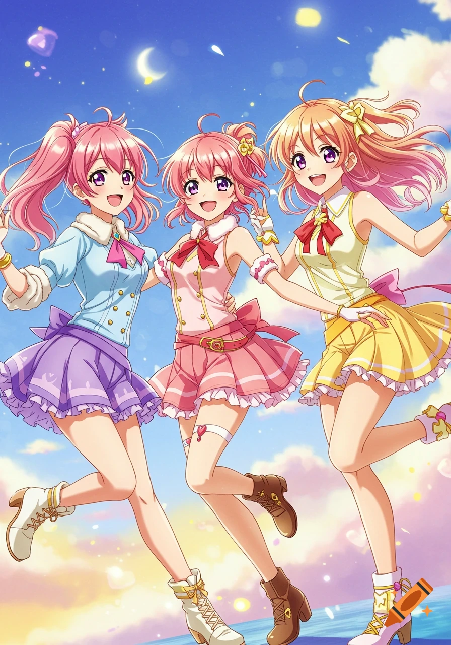 Three anime girls with pink and orange hair dancing against a bright sky
