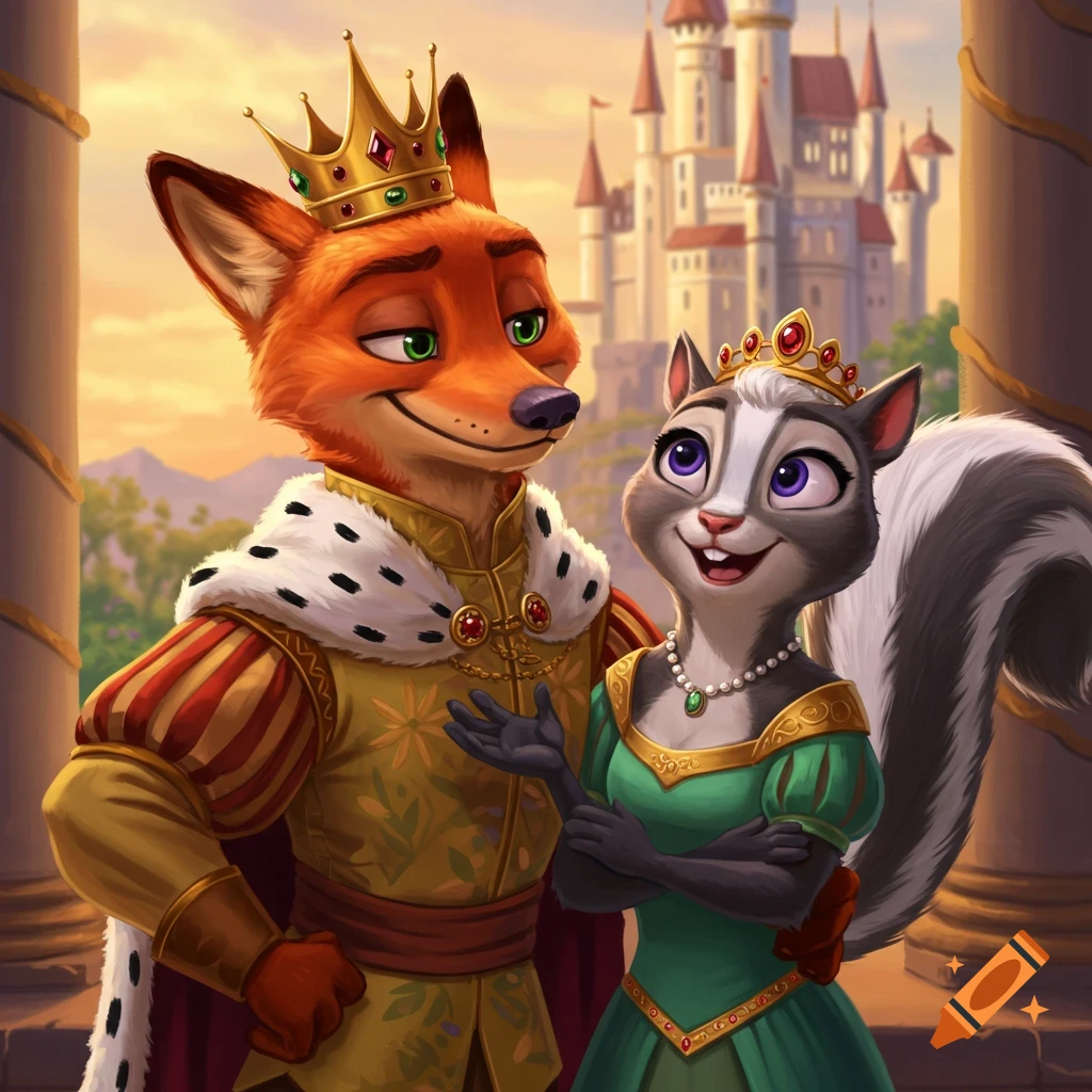 Cartoon illustration of a fox king and a skunk queen standing before a castle.