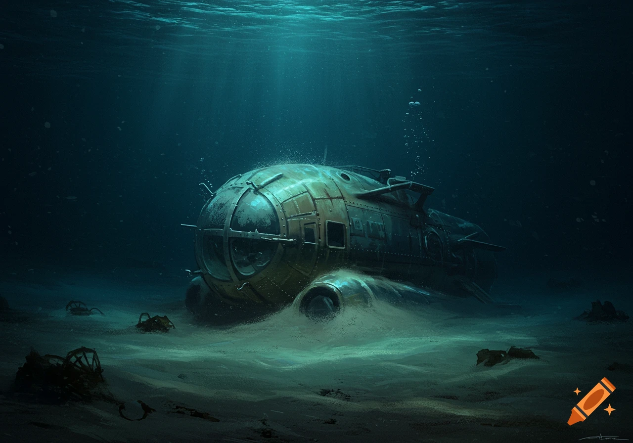 A deep-sea submersible is partially buried in sand on a dark seabed, shafts of light filtering from above.
