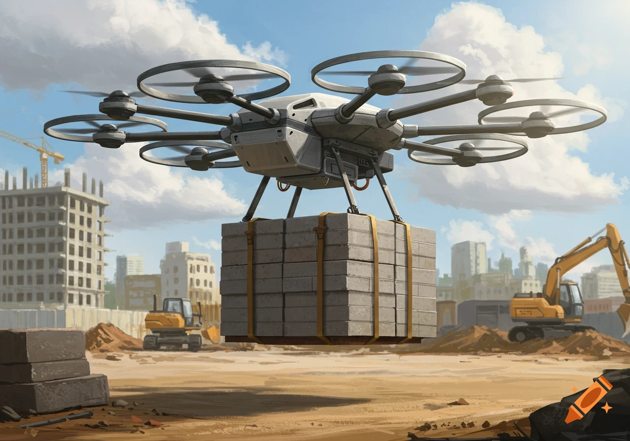 A drone carries concrete blocks over a dusty construction site with buildings and excavators.