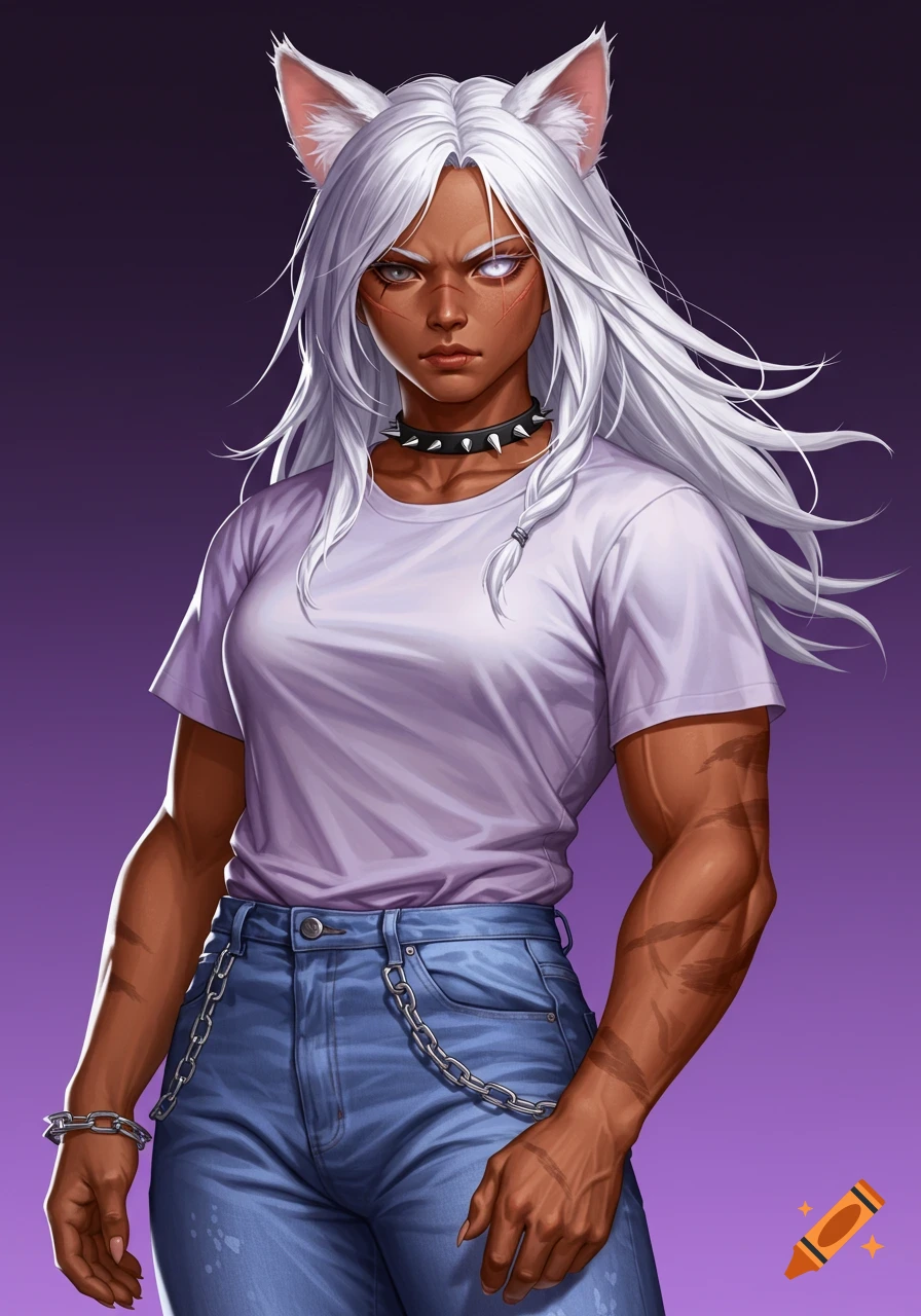 Anime illustration of a muscular cat-girl with white hair, cat ears, heterochromia eyes, and a scar, wearing streetwear
