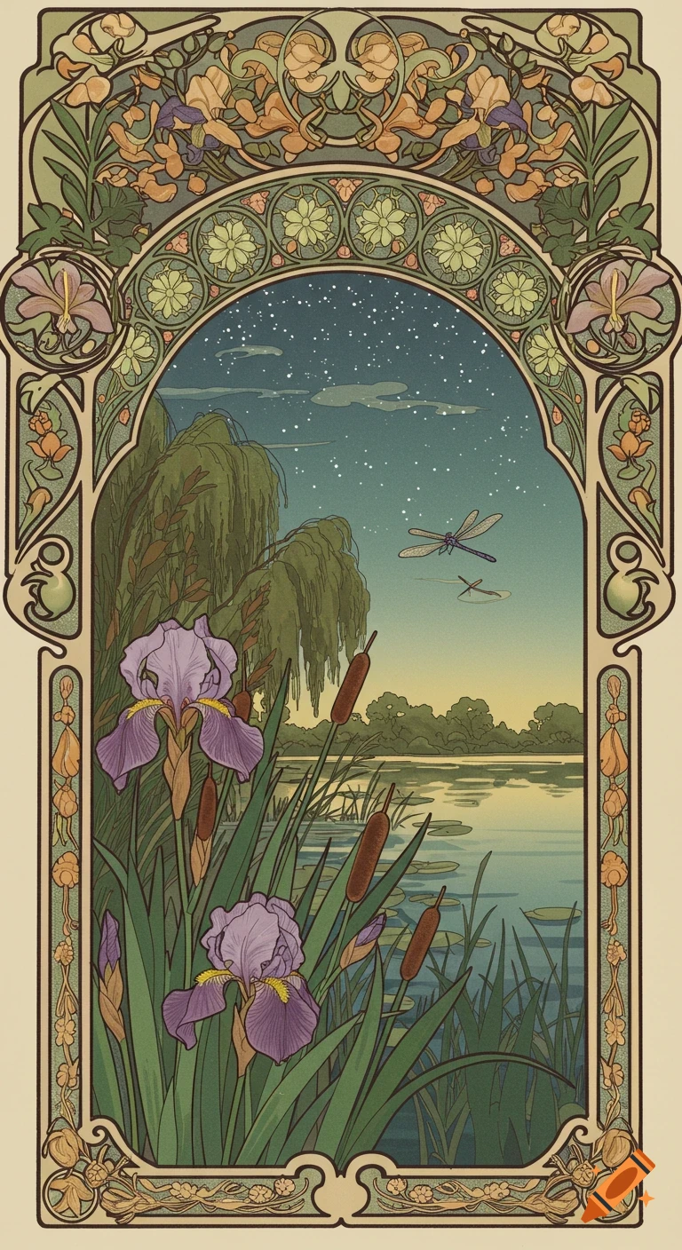 Art Nouveau illustration of a lake shore with irises, reeds, and dragonflies against a starry night sky