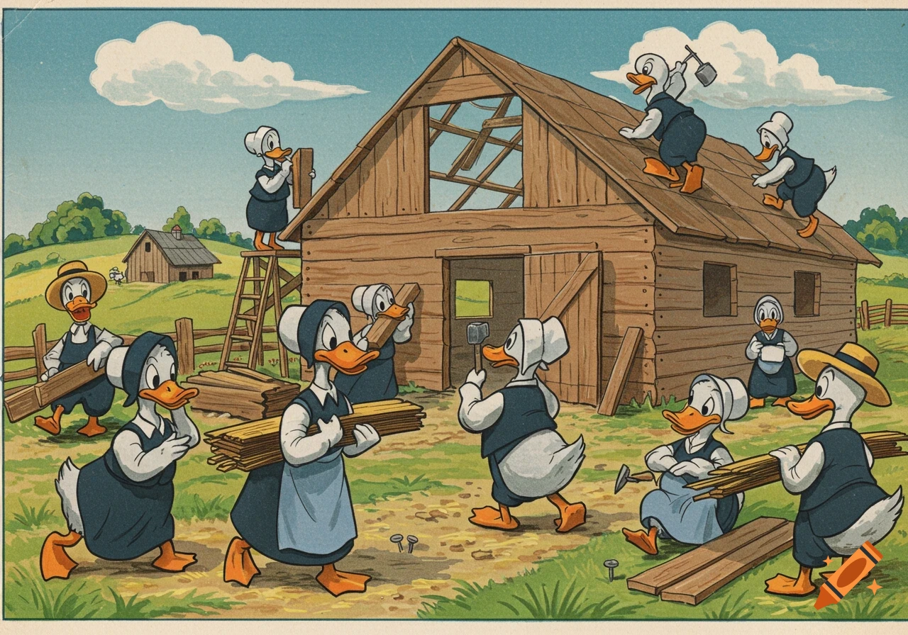 Cartoon ducks in Amish clothing building a barn in a field