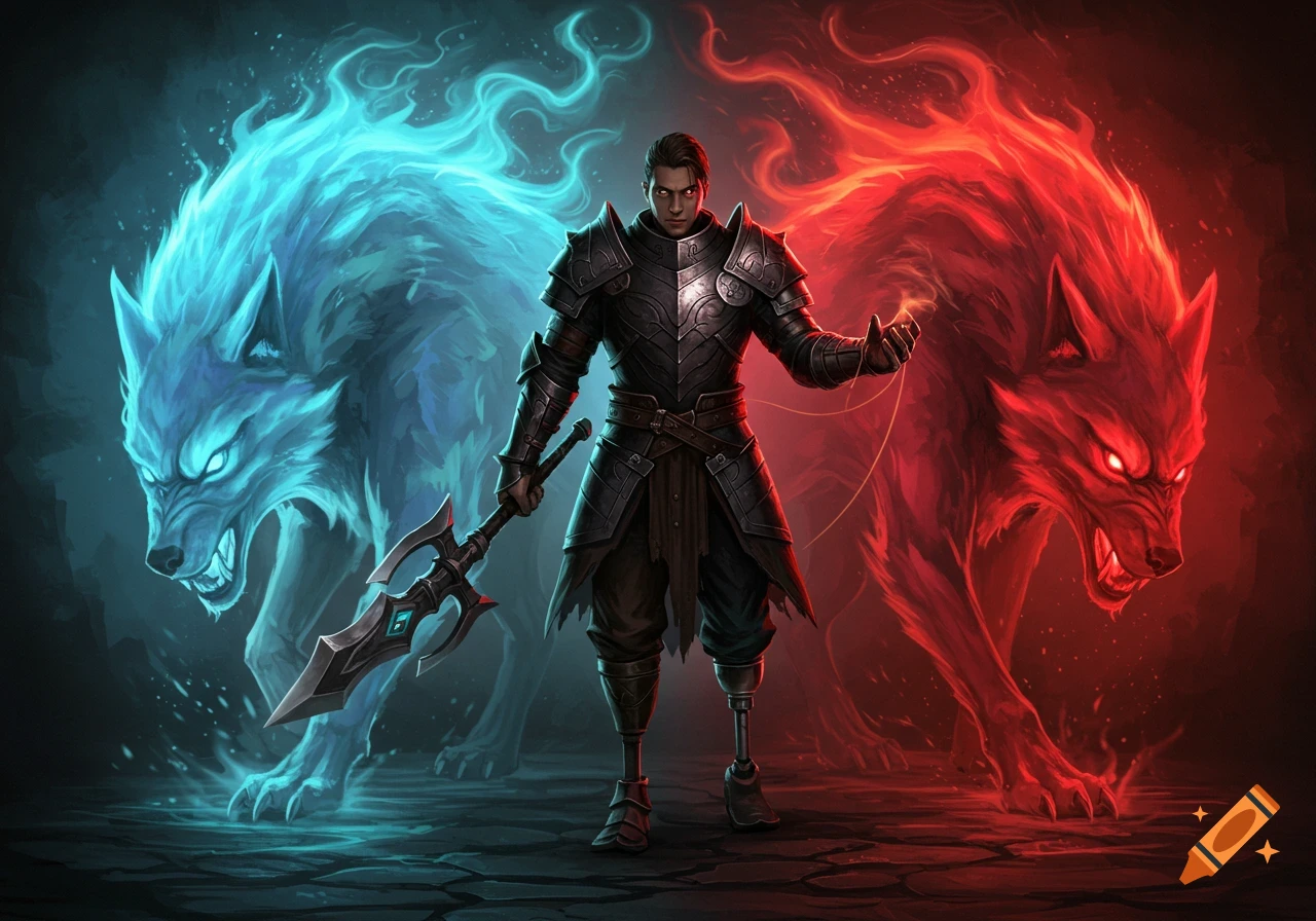 Fantasy warrior with prosthetic leg between glowing blue and red wolves
