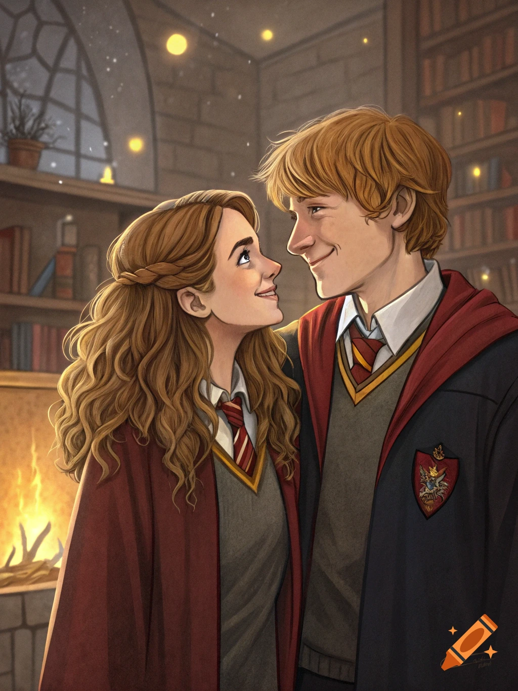 Illustration of a young couple in Hogwarts robes looking at each other in a library.