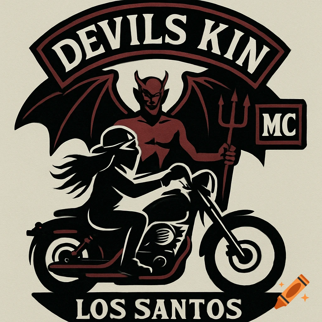 Motorcycle club patch design featuring a biker silhouette and a devil with wings and trident, with text 'DEVILS KIN MC' and 'LOS SANTOS'.