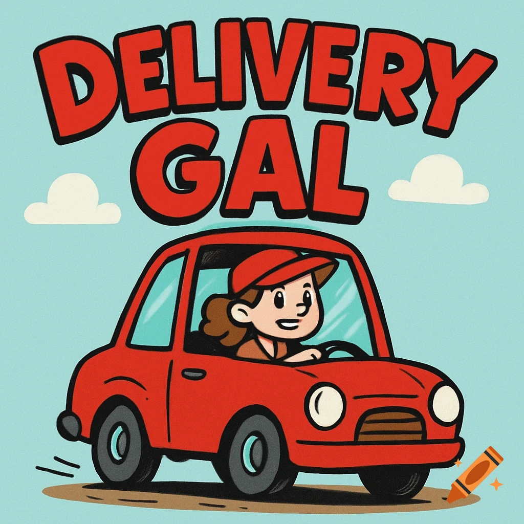 Cartoon illustration of a person driving a red car under the text 'DELIVERY GAL'
