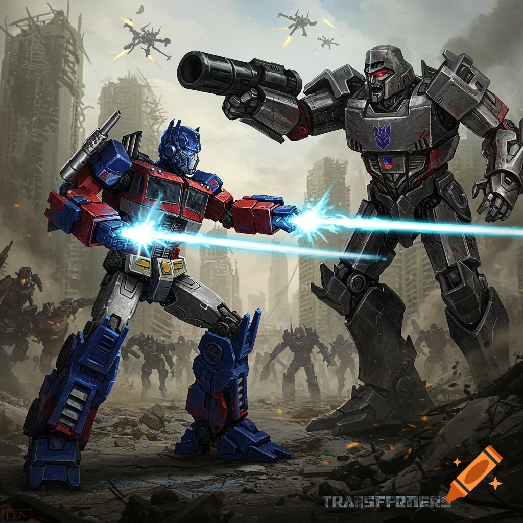 Optimus Prime and Megatron battle in a ruined city as other robots watch. Illustrated.